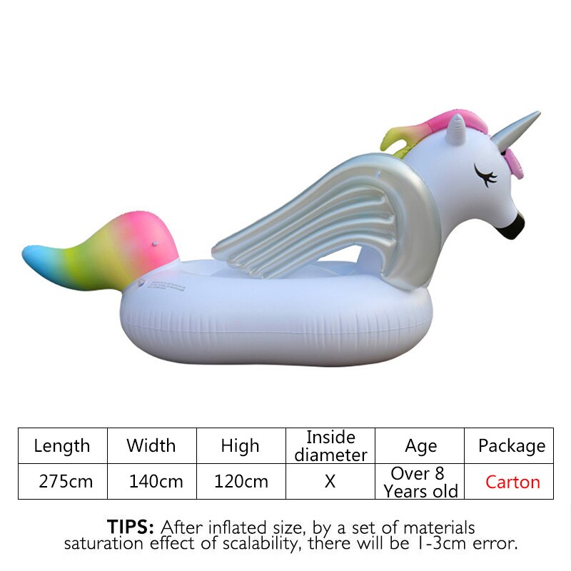 275cm Swimming Pool Float Giant Inflatable Pink Wing Unicorn In Water Floating Row Air Mattresses Swim Rings Water Toy: White