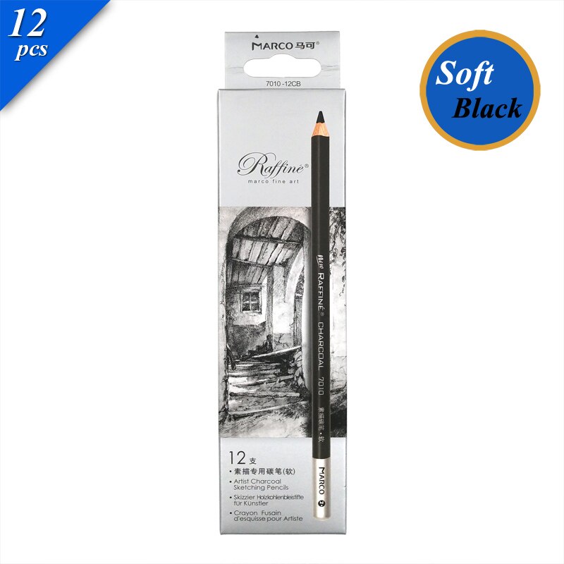 Marco Raffine Sketch Drawing Pencils Set 9B 8B 7B 6B 5B 4B 3B 2B B HB H 2H 3H Standard Pencil for Sketching Office School: 12pcs Soft Black