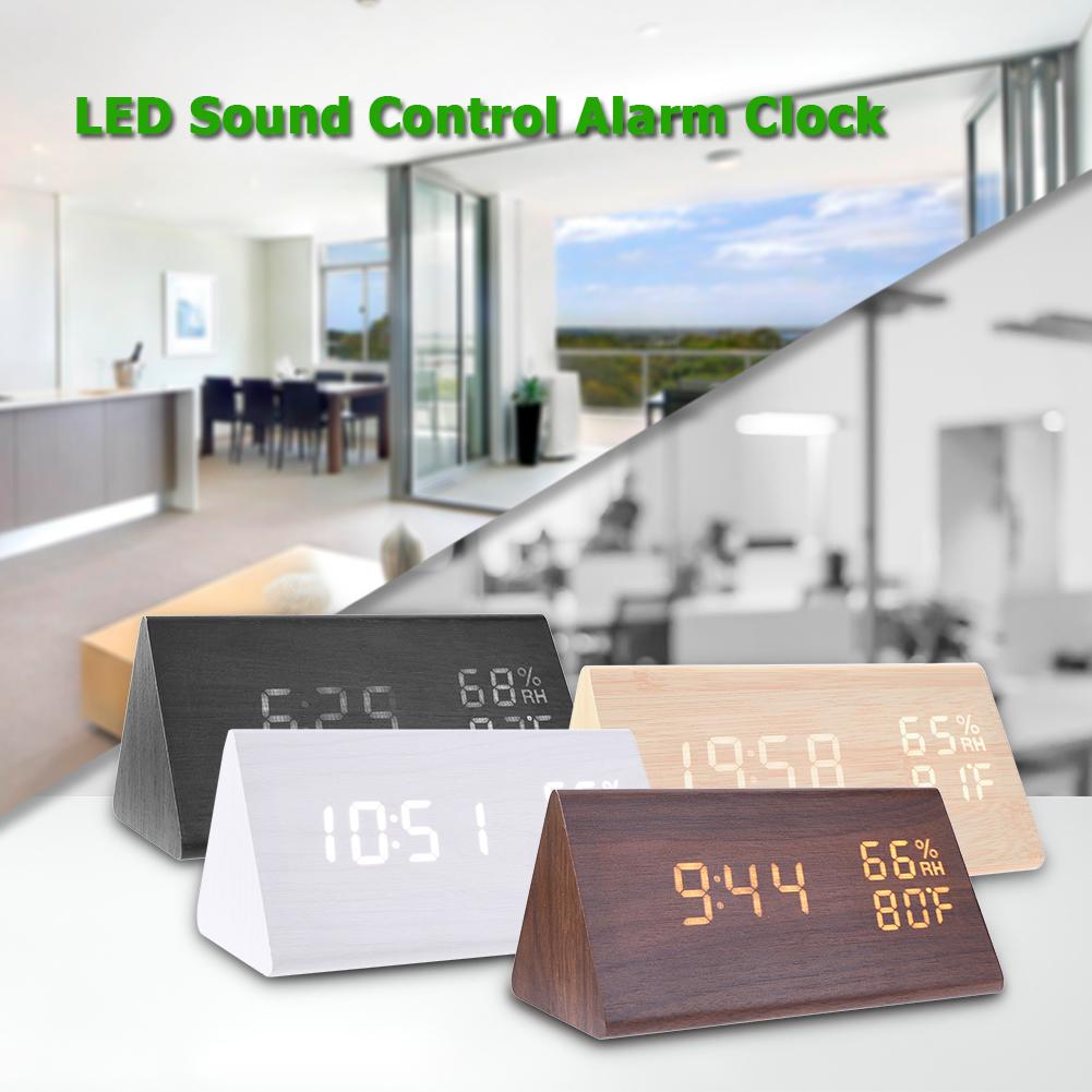 USB Wood LED Alarm Clocks Electronic Table Clock Sound Control Digital Clock Thermometer Timer Calendar Display for Home Decor