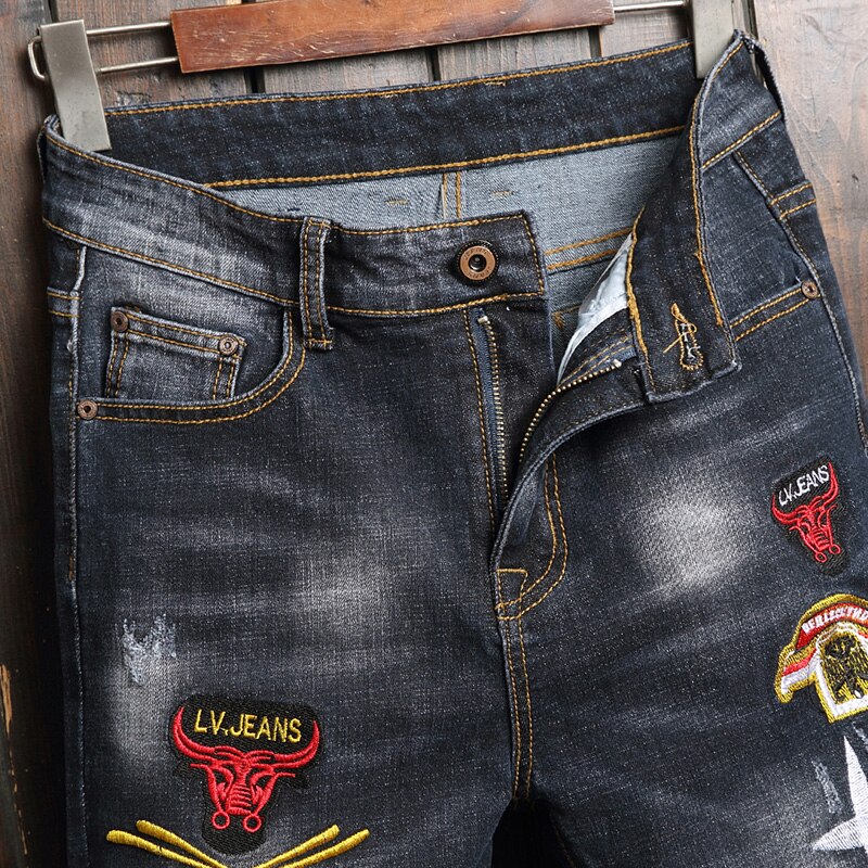 Mannen Geborduurde Jeans, , Trends, Mannen Geborduurde Jeans, Mannen Stretch Jeans, broek, Plus Letters