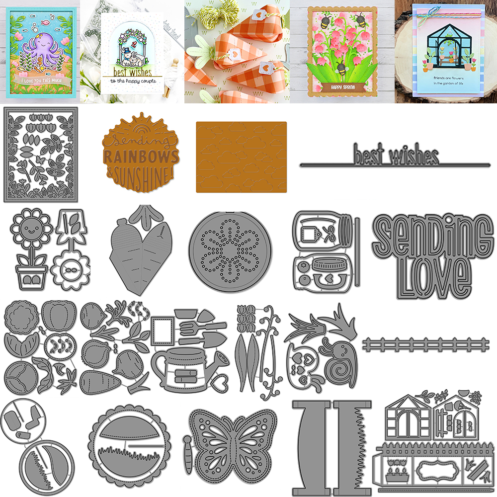 Solsikke gulerødder vandkande grøntsager hus regnbue cirkel metal skæremaller scrapbooking stencil gør-det-selv håndværk kortfremstilling  l01