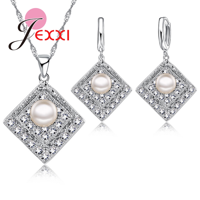 925 Sterling Silber Kette Zirkonia mit Perle Quadrat Anhänger Halskette Ohrringe Schmuck Sets Bijoux