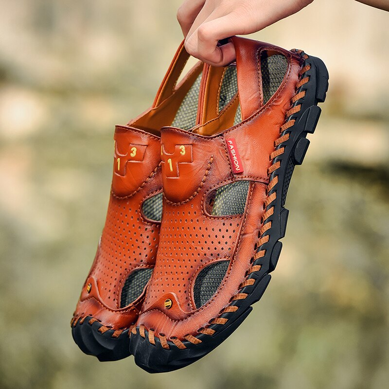 hommes chaussures d'été en cuir bout fermé sandales plates en plein air espadrilles décontractées