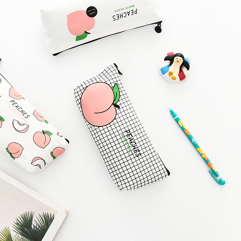 Estuche escolar Kawaii de lona para lápices de frutas y melocotón, estuche escolar para bolígrafos para niña, bolsa de lápices Kawaii, material escolar