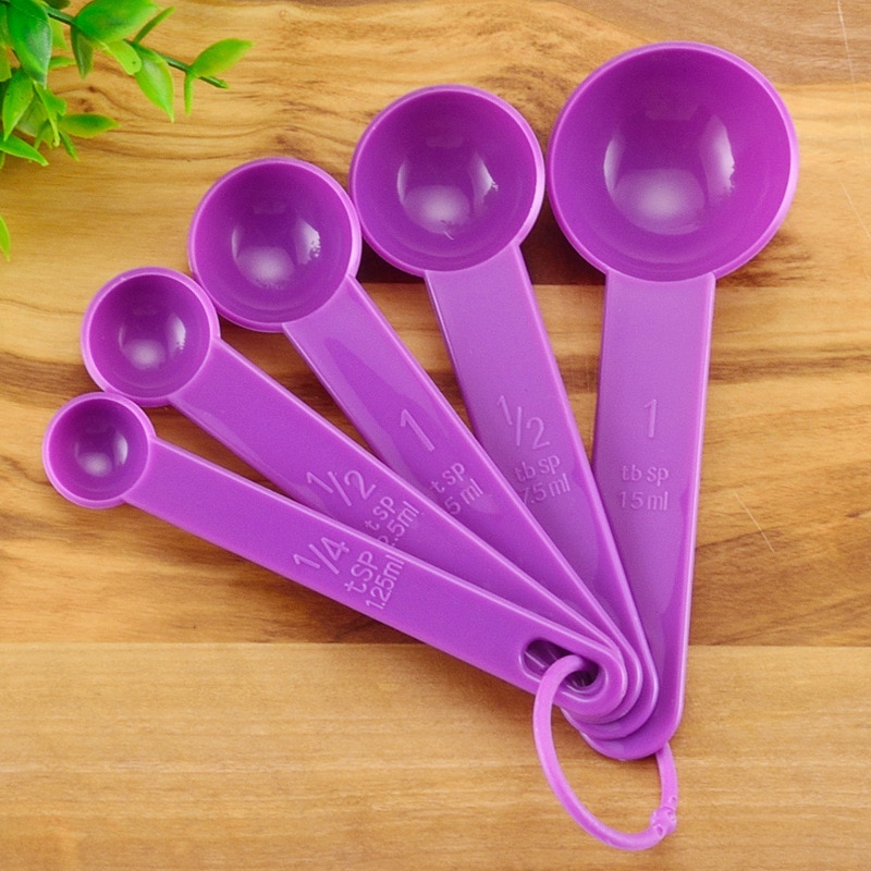 Cuchara medidora portátil, juego de 5 unidades, cuchara medidora de plástico, utensilios de cocina o cafetería, utensilios de cocina plásticos: Púrpura