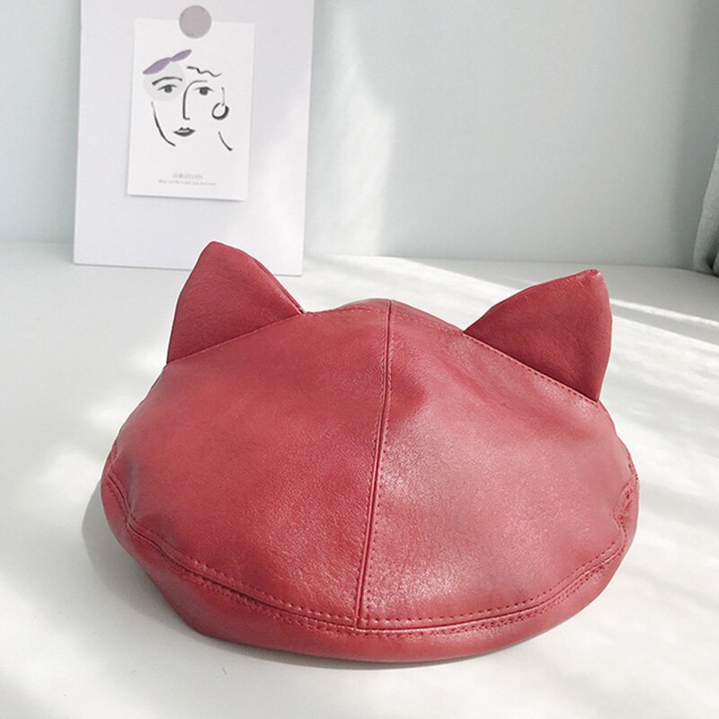 ¡Novedad de ! boina bonita femenina de lana con orejas de gato de cuero PU, gorro de pintor a la adecuado para chica dulce BLM32: Rojo