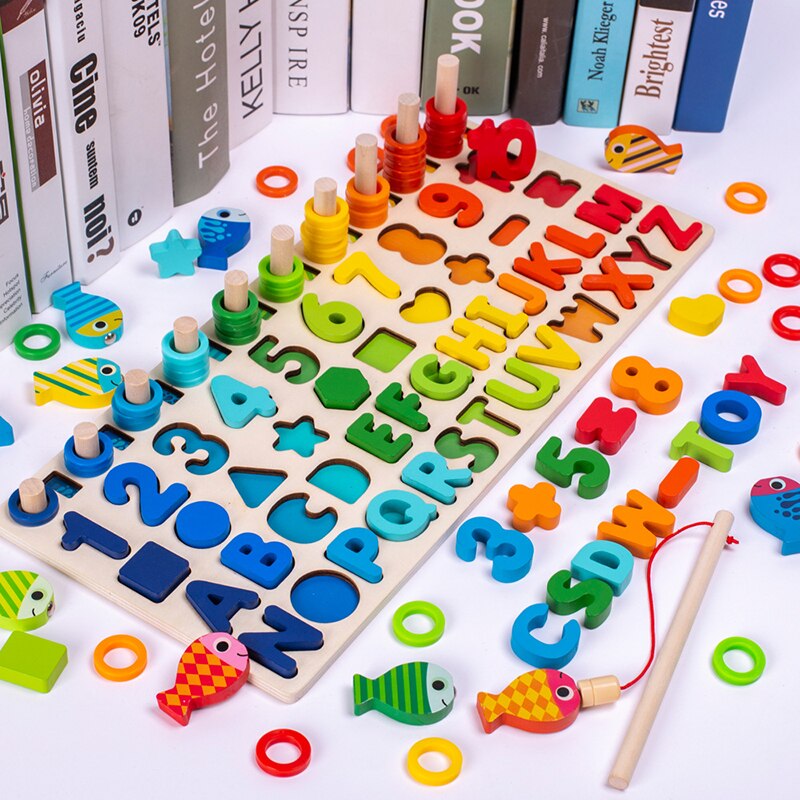 Educational Wooden Toys Children Busy Board Math Fishing Children's Wooden Preschool Montessori Toy Counting Geometry