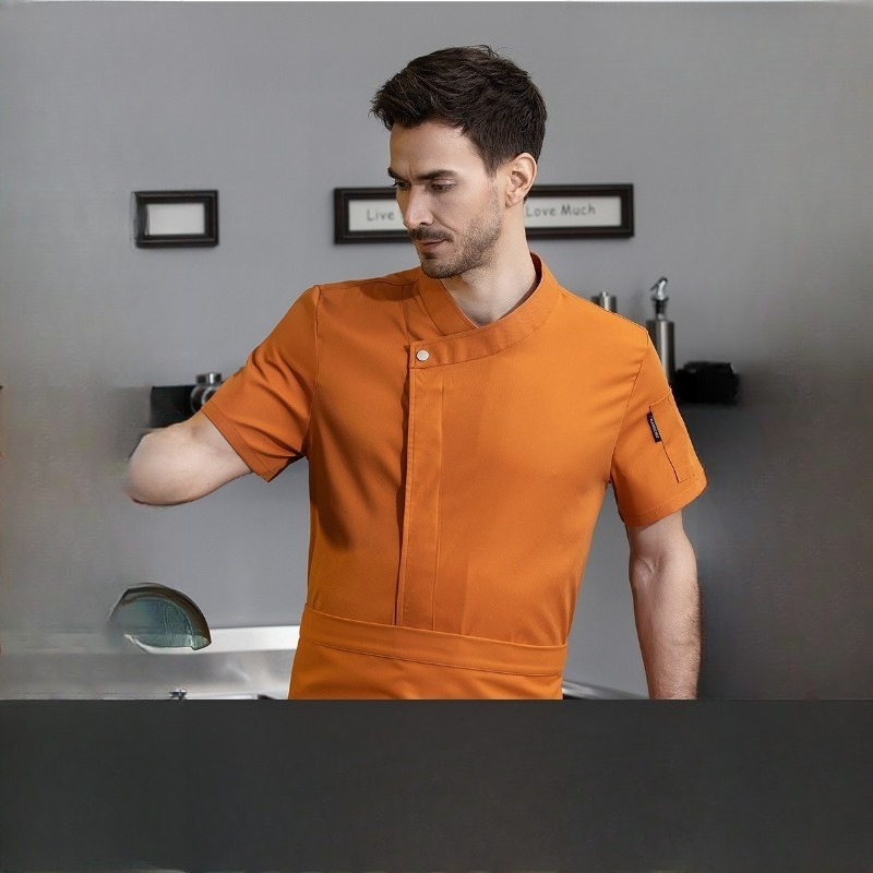 Chef Uniform Short Sleeve Summer Workwear Solid Color Slant Collar Unisex For Kitchen Staff