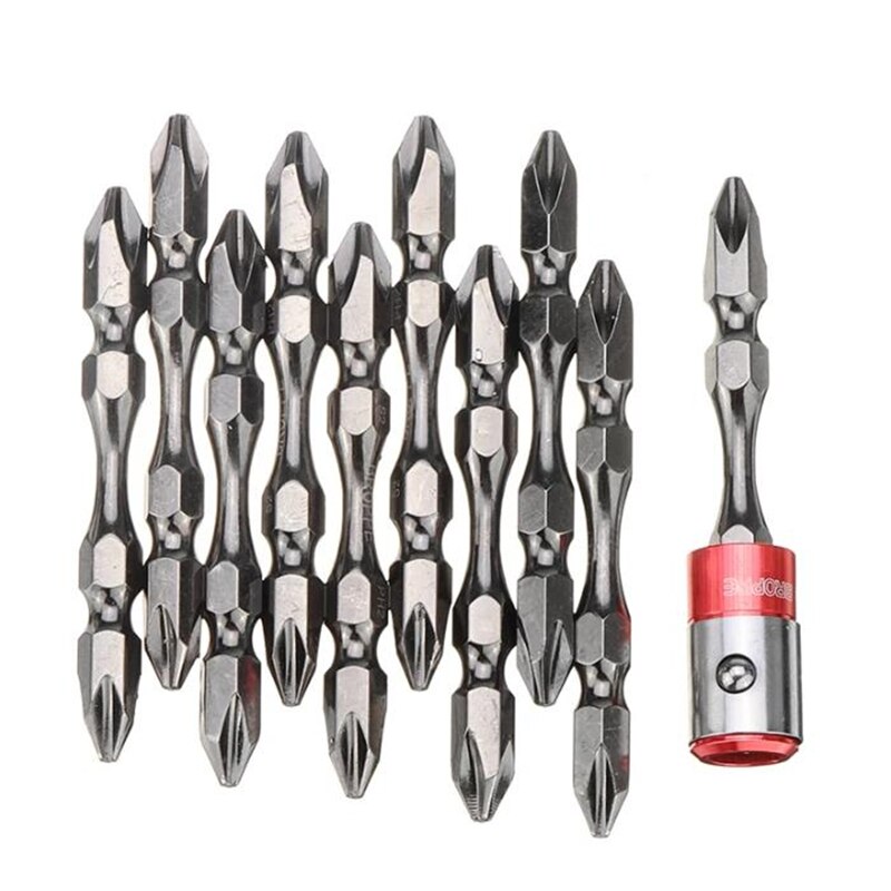 10 + 1 65Mm PH2 S2 Gelegeerd Staal Magnetische Dubbele Hoofd 1/4 "Shank Elektrische Schroevendraaier Bit Set Met sterke Magnetische Ring: 10 With 1