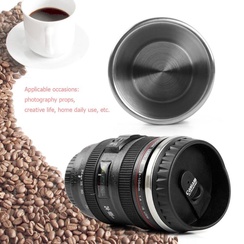 350mL caméra tasse à café lentille forme café thé tasse avec couvercle en acier inoxydable vide flacons isolation thermique tasse