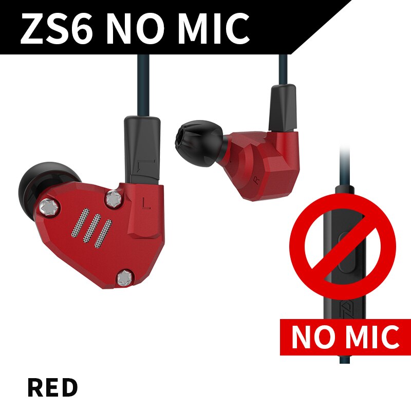 Kz zs6 2dd + 2ba alta fidelidade baixo fone de ouvido esporte in-ear fone de ouvido dinâmico motorista cancelamento de ruído fone de ouvido cabo de substituição as10 as10: red no mic