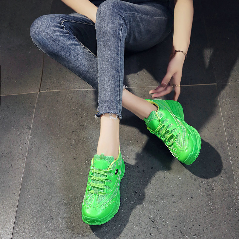 Høst kvinner joggesko gul grønn oransje kvinner fritidssko plattform tykk såle godteri farge pustende mesh kvinner sko chunky