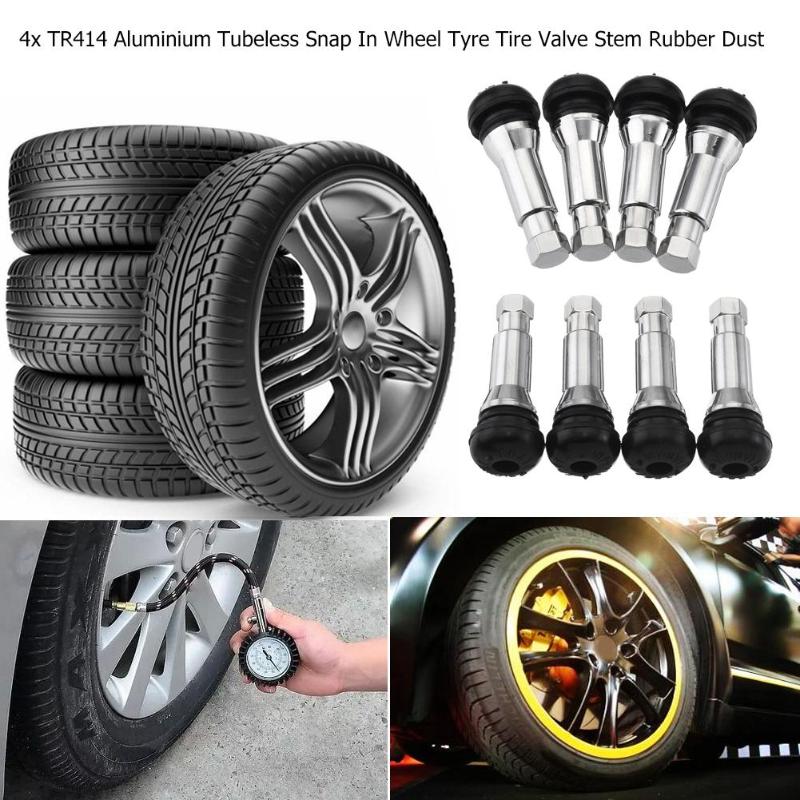 4pcs TR414 Chrome Aluminium Tubeless Snap In Wheel Tyre Tire Valve Stems Rubber Dust Caps Valve Stems & Caps