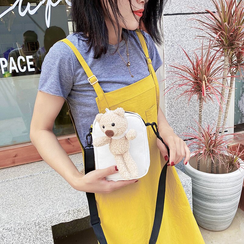 Hair bear canvas bag female trendy cute student chest bag ins shoulder bag messenger waist bag