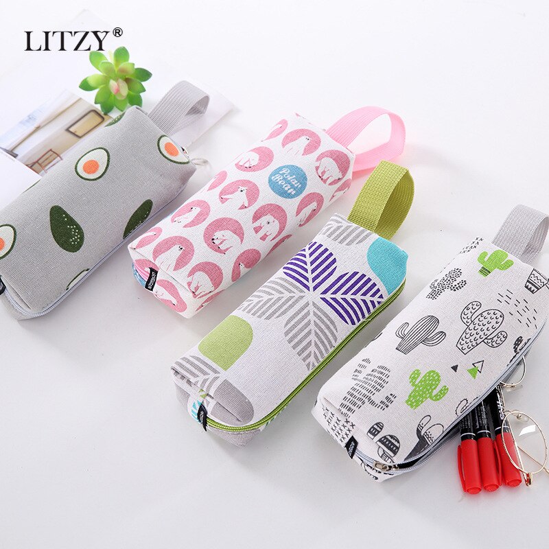 Black Canvas Pencil Case Cute Avocado Pencilcase for Cactus School Pencil Box Polar Bear Pencil Bag School Supplies Stationery