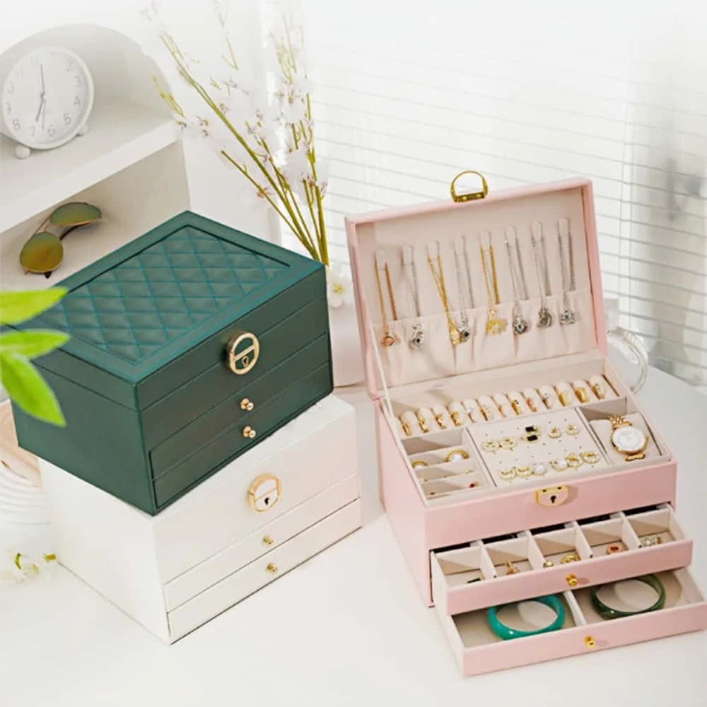 Schmuck-Aufbewahrungsbox, abschließbar – 3-lagige große Schublade für Ohrringe, Ringe, Halsketten-Organizer – modische Reise-Schmuck-Aufbewahrungsbox