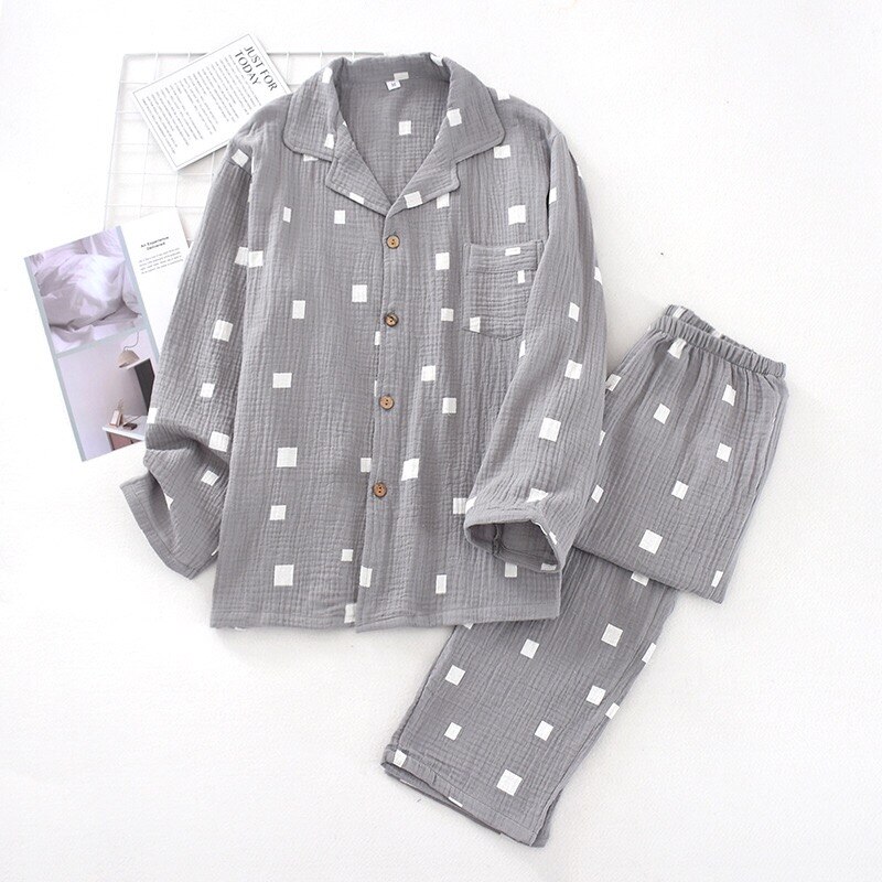 Spring Men's Gauze Cotton Pajamas Set Simple Style Turn-Down Collar Sleepwear Set Full Sleeve Clothes+Pants 2Pcs Homewear: Grey / L