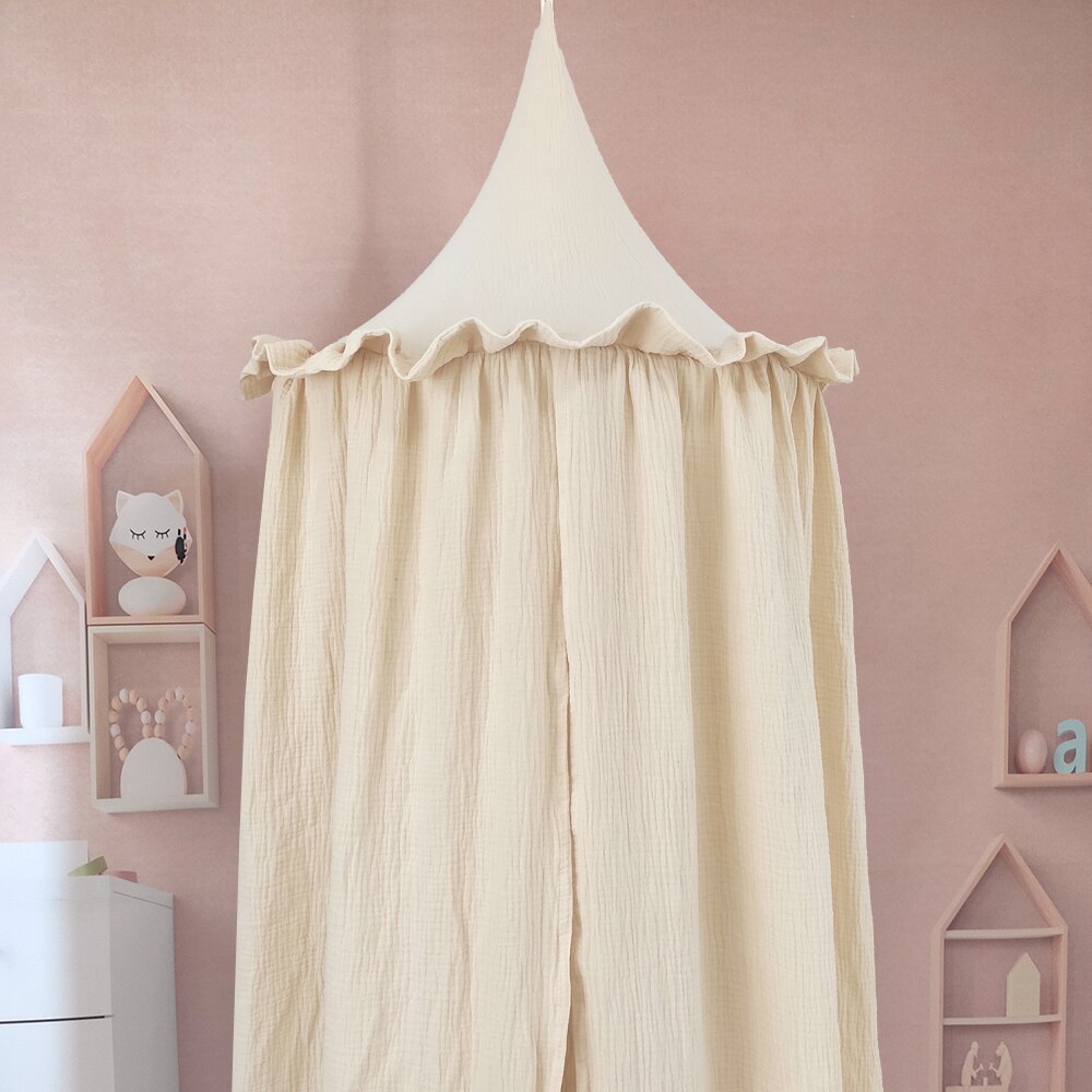 100% Premium Mousseline Katoen Opknoping Luifel Met Franje Bed Baldachin Voor Kinderkamer: light beige