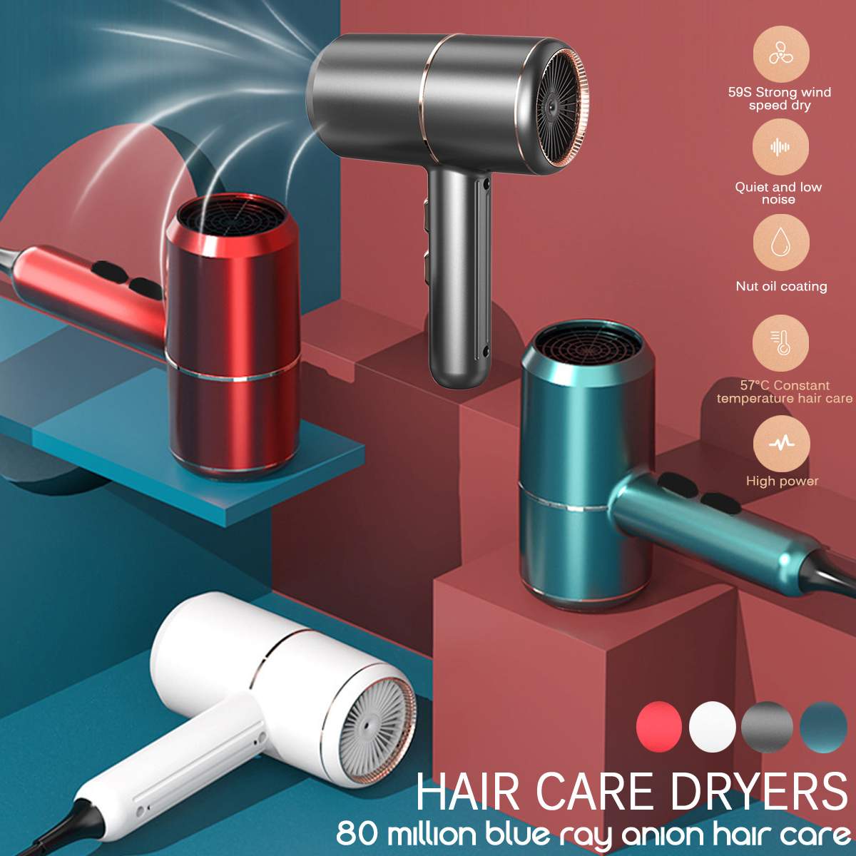 Blue Light Ions Salon Hair Dryer, Powerful Ceramic Tourmaline Blow Dryer, 6 Gears Low Noise Hairdryer with Nozzle
