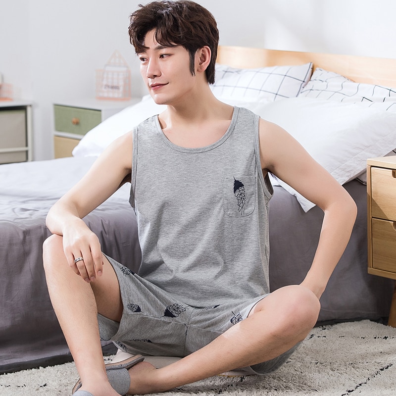 Conjuntos de pijama para hombre, L-XXXXL, chaleco de verano, pijama sencillo, pijama de algodón de Camiseta corta para hombres, pantalón, prendas de vestir de ocio