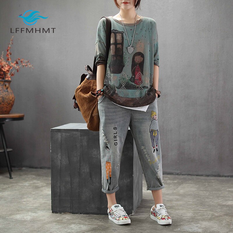 Pantalones vaqueros de estilo coreano Vintage para mujer, vaqueros de longitud hasta el tobillo bordados con agujeros para chica, pantalones bombachos holgados informales, tela de pantalones, novedad de 6859