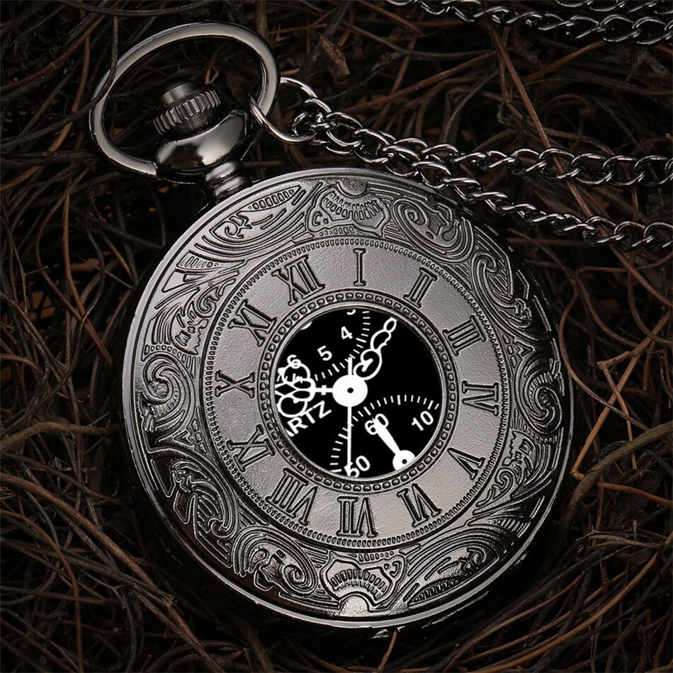 Unique Arabic Numerals Dial Quartz Pocket Watch Engraved Roman Numerals Display Necklace Pocket Watch Retro Black Sweater Chain