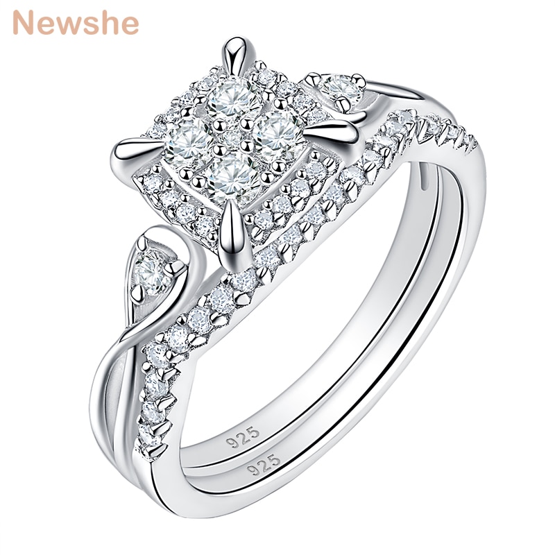 Newshe 2 Stück Massivem 925 Sterling Silber Hochzeit Ringe Für Frauen AAAAA Cubic Zirkone Einzigartige Braut Set Klassische Schmuck BR0994