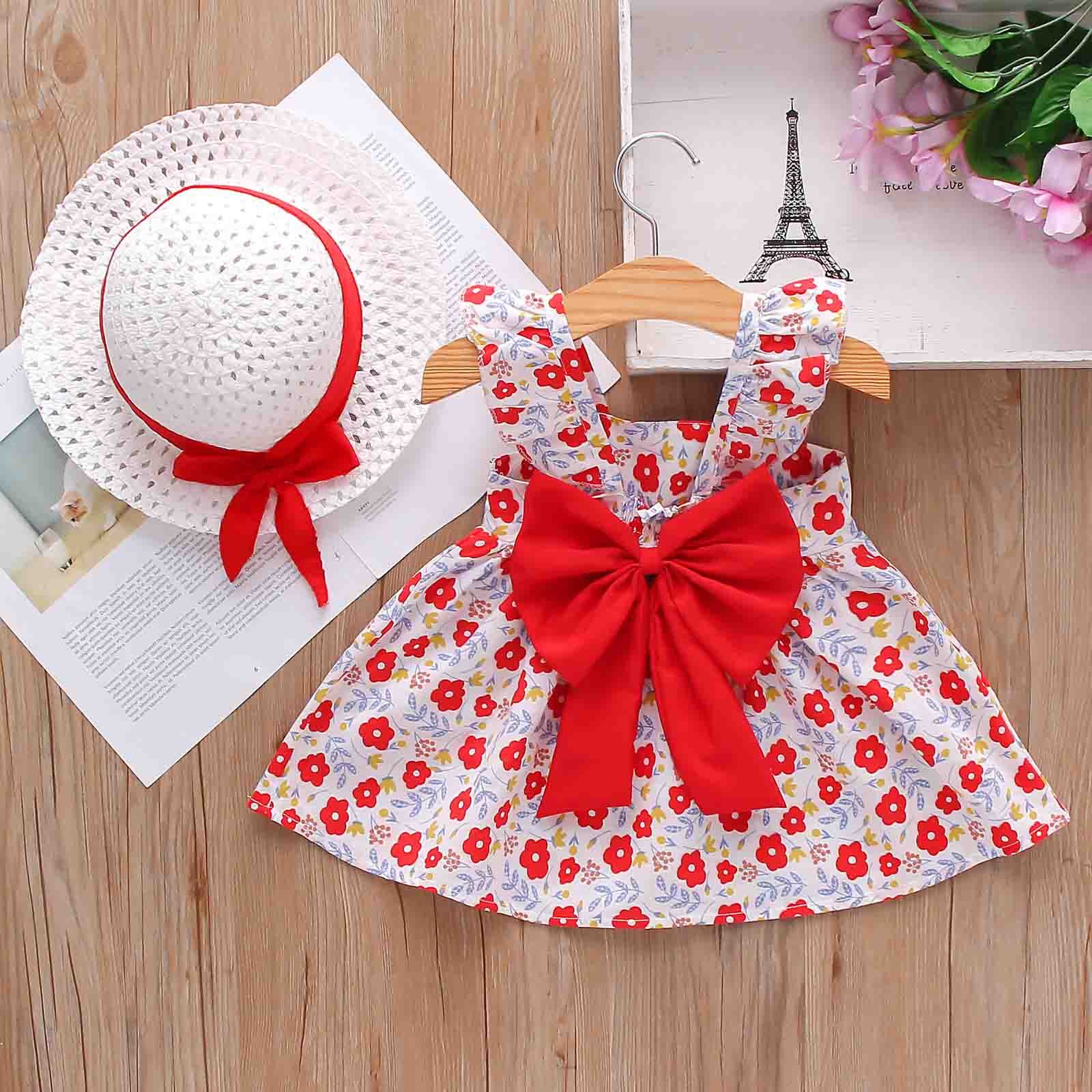 Peuter Meisjes Strik Jurk + Strooien Hoed Jurk Zomer Polka Dot Print Baby Kids Mouwloze Meisje Verjaardag Partyprincess Jurk Hoed