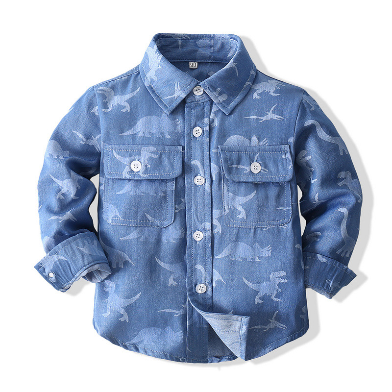 Top a maniche lunghe in denim a maniche lunghe primavera e autunno camicia a maniche lunghe in denim di dinosauro a maniche lunghe per ragazzi 2-6 anni