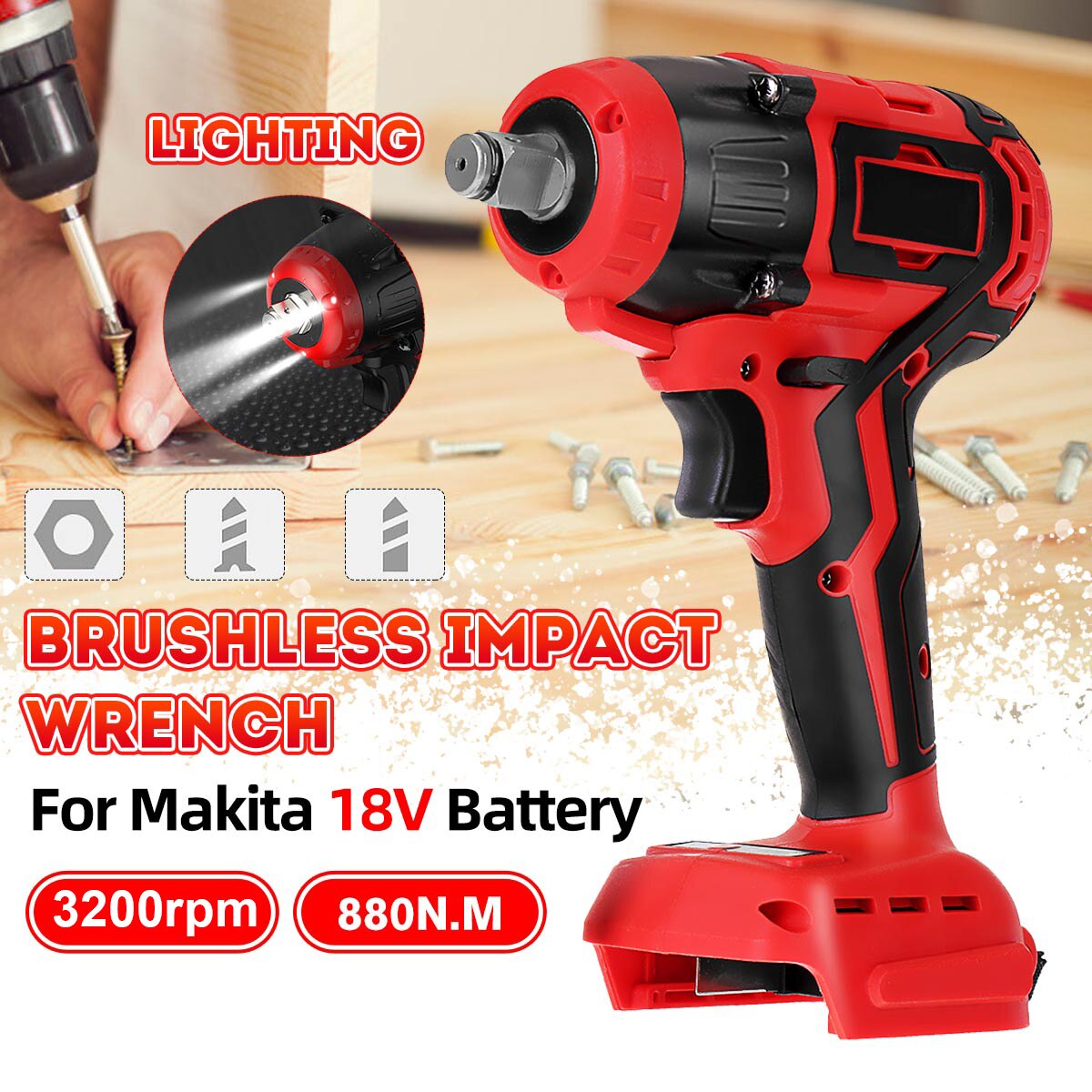 18V Cordless Electric Screwdriver with Light Brushless Impact Wrench Rechargeable Speed Drill Driver Hammer for Makita Battery
