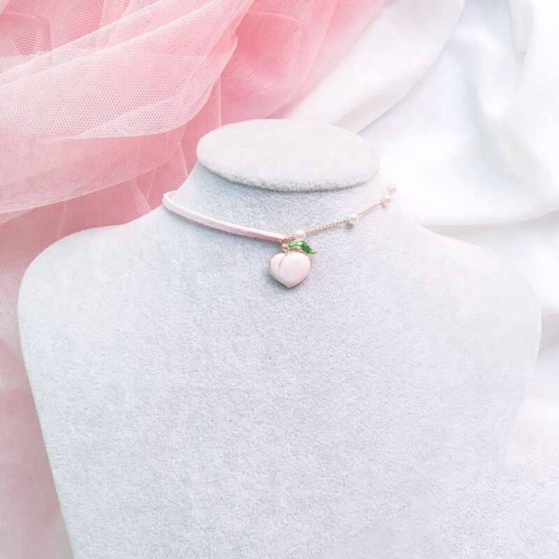 Pink Peach Heart Pendant Choker Short Clavicle Necklaces For Girl Cute Aesthetic Jewelrys