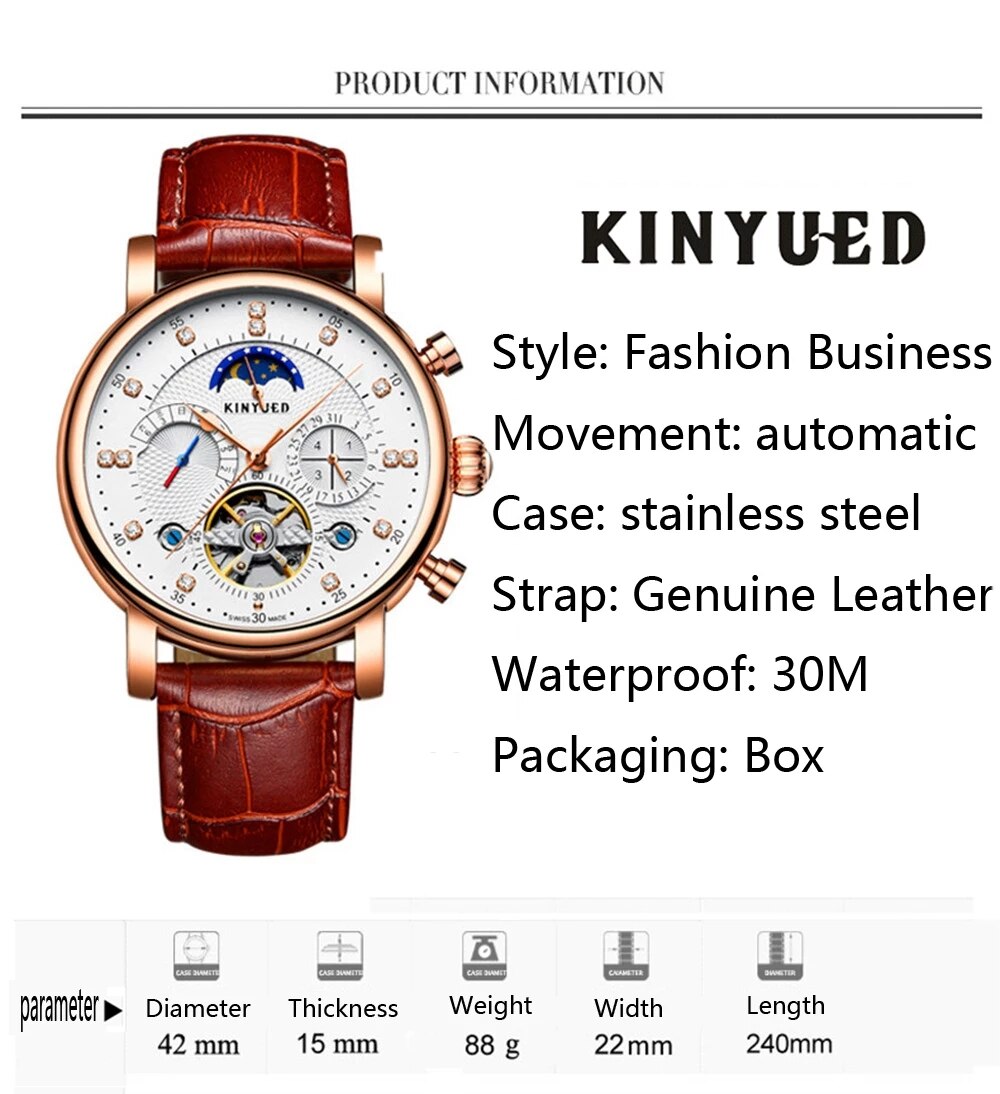 KINYUED-reloj mecánico totalmente automático para hombre, de , informal, totalmente funcional, Tourbillon, de negocios, luminoso, resistente al agua, J025