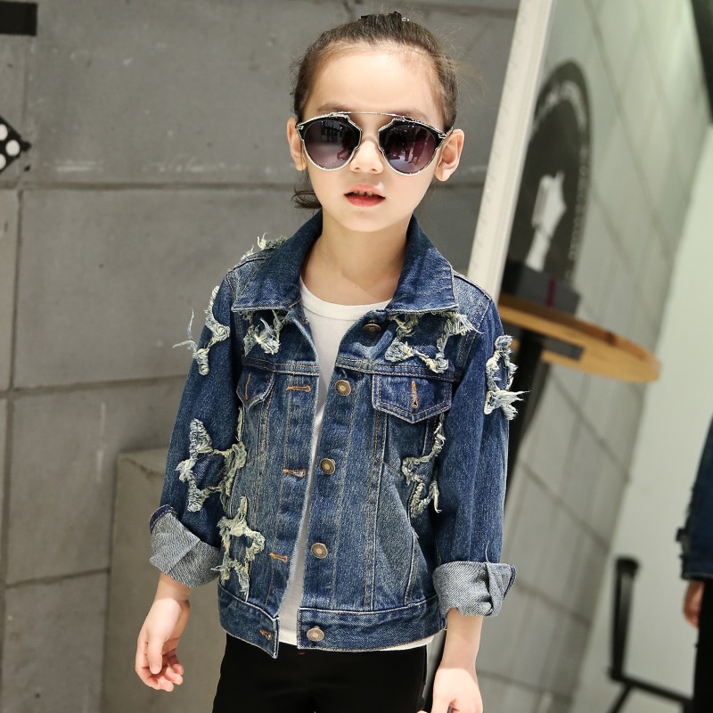 Chaqueta vaquera para niñas, abrigo de lavada con estrella de cinco puntas y lentejuelas brillantes, ropa informal de manga larga para primavera y otoño,