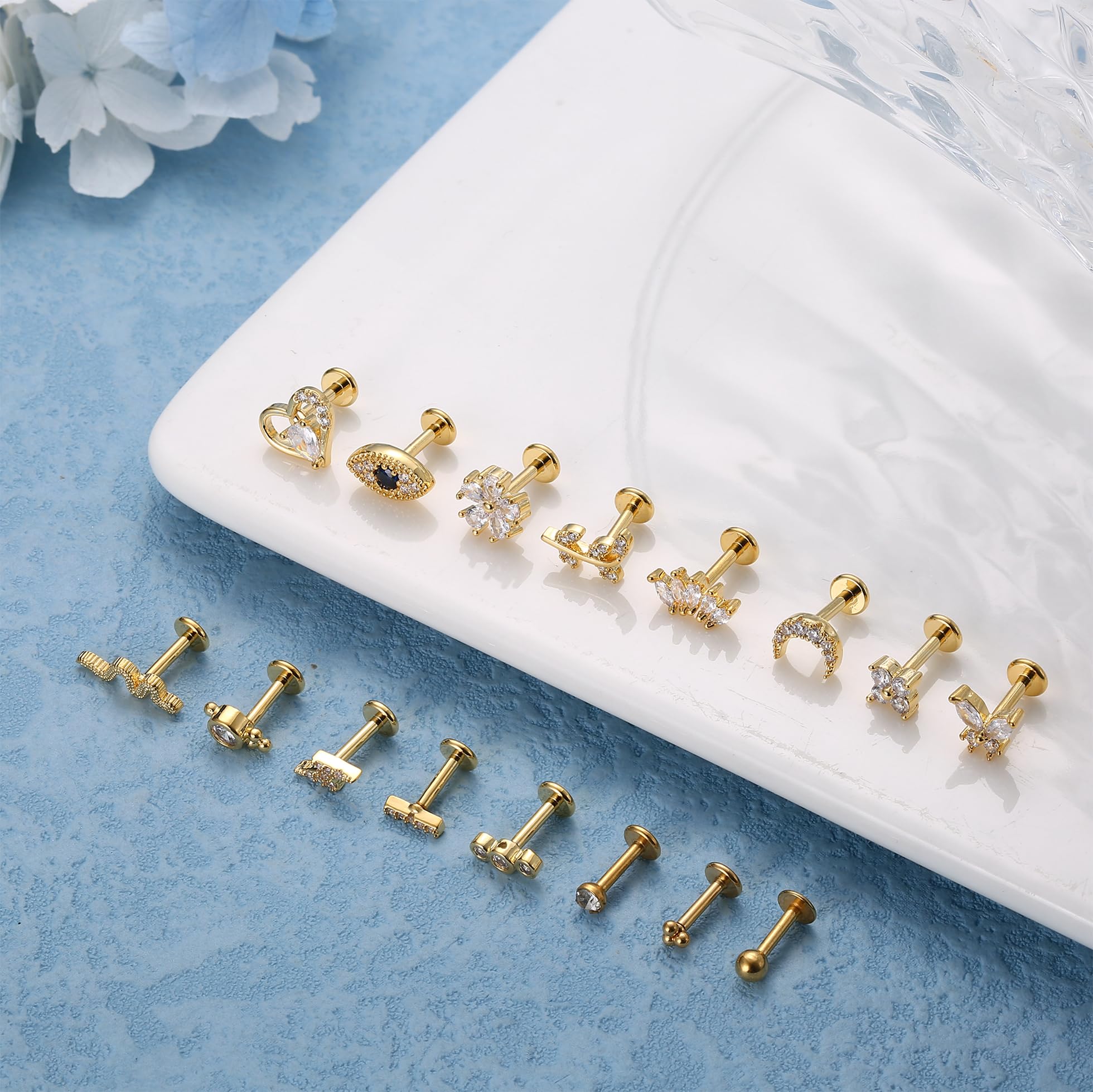 Drperfect-pendientes para el trago de acero quirúrgico, joyería para Piercing del trago, rosca interna, parte posterior plana, Medusa Labret, labio, 16 Uds.