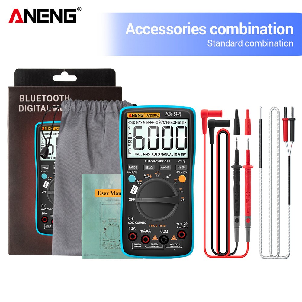 Aneng AN9002 Bluetooth Digitale Multimeter 6000 Telt Professionele Multimetrotrue Rms Ac/Dc Stroom Spanning Tester Auto-Range: AN9002 Blue
