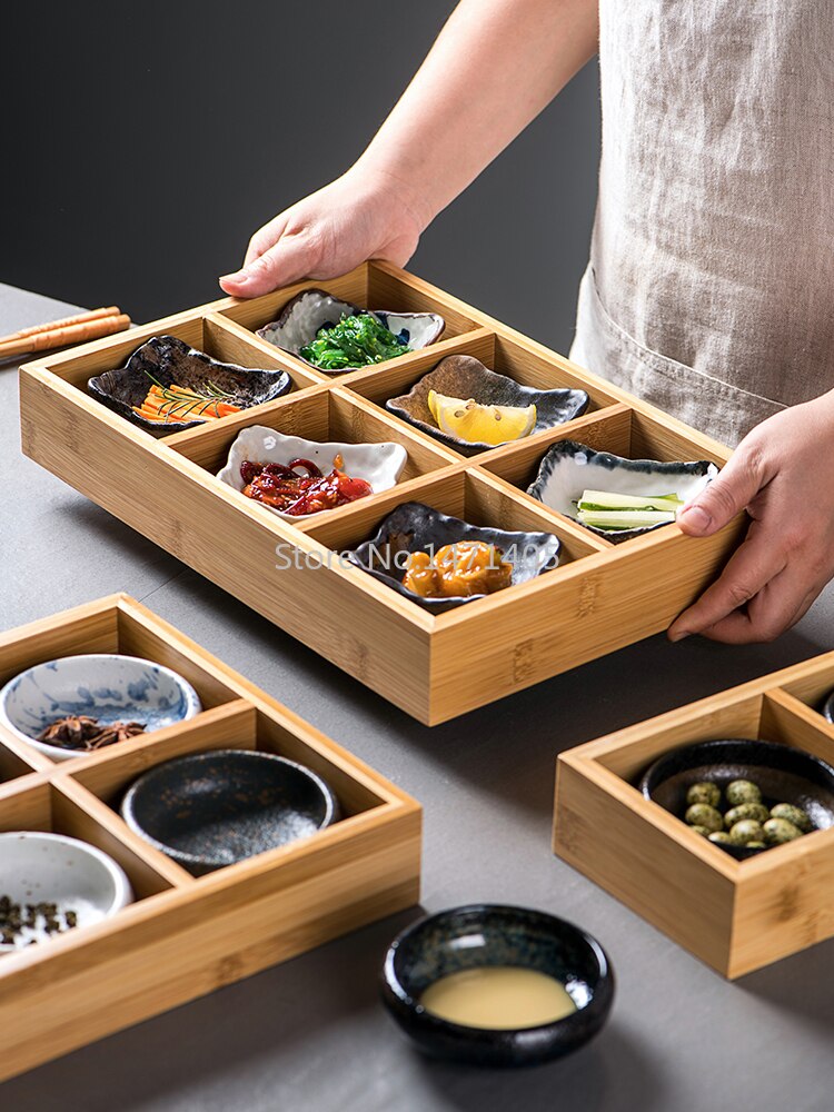 Japanese Style Nine Square Grid Plate Two Three Four Six Grid Bamboo Box Sushi Plate Pot Divided Grid Bamboo Plate