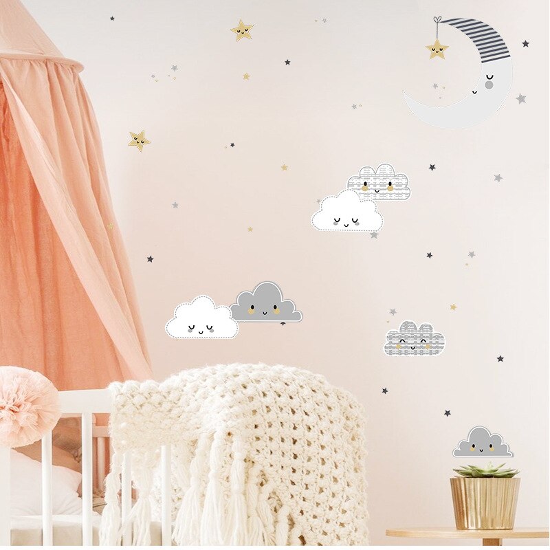 Cartoon Clouds Moon Wall Sticker Cute Pattern Kids Baby Room Home Decoration Bedroom Background Wallpaper Combination Stickers