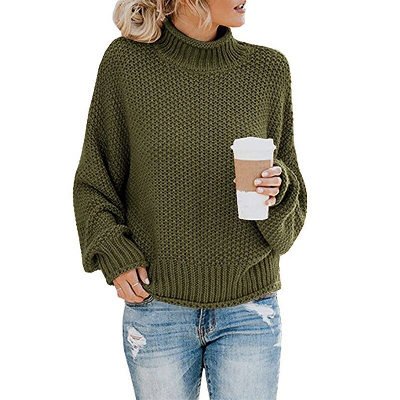 Knitted Turtleneck Warm Women's Sweater Autumn Long Lantern Sleeve Female Sweaters Winter Casual Solid Ladies Pullover: ArmyGreen