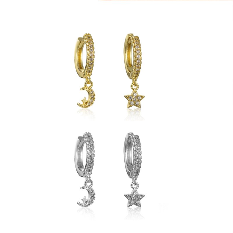 SIPENGJEL-pendientes colgantes de estrella plateada para mujer, aretes delicados de aro con forma de luna y Estrella, joyería para