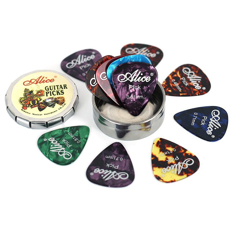 12 sztuk kostki robić gitary plektron z 1 okrągłe metalowe pudełko Obudowa akustyczny elektryczny instrument muzyczny gitara wybierz losowe wybory kolorów