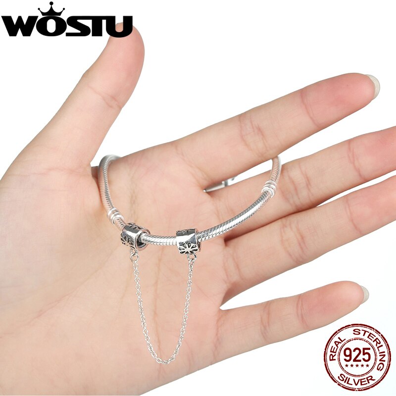 100% 925 Sterling Silver Daisy Safety Chain Charm Fit Original WOST Bracelet Pendant Authentic Jewelry Christmas ZBBS204