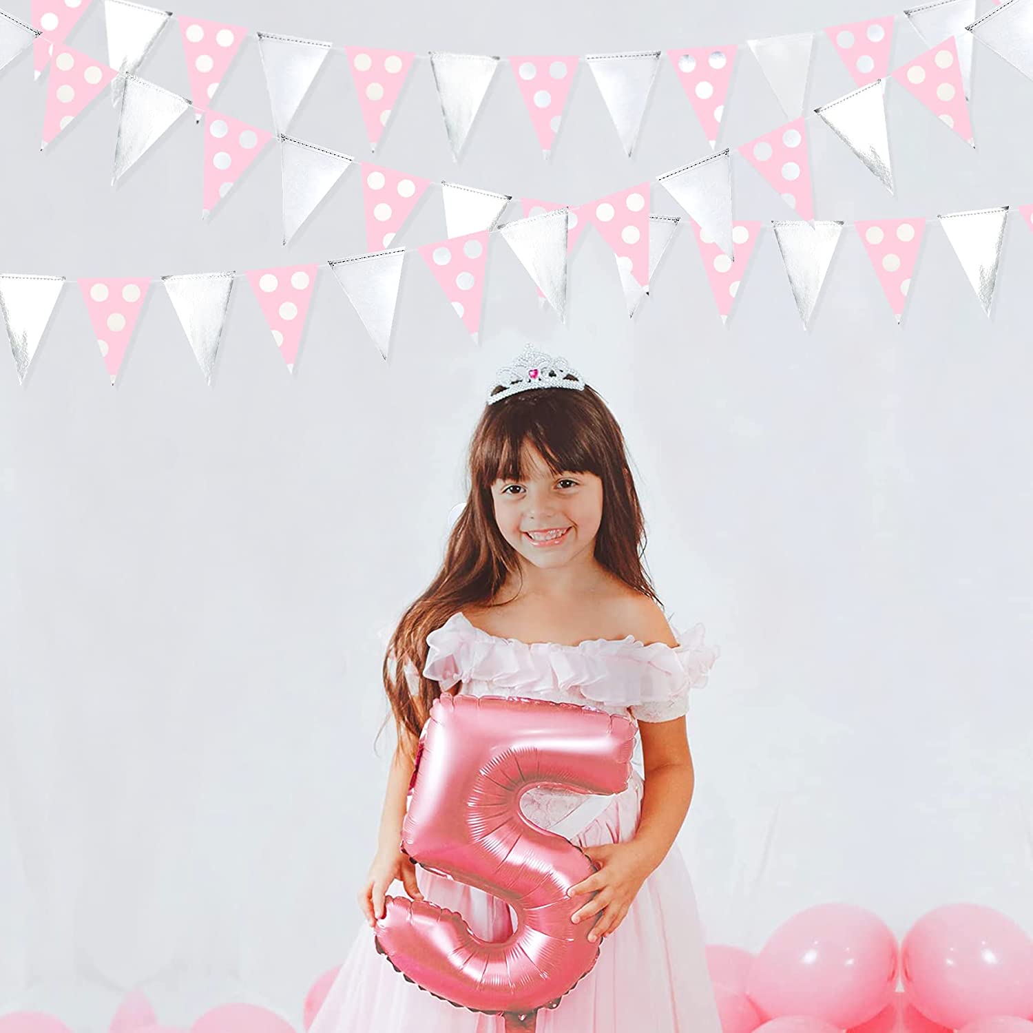 Pink Silver Girls Girls Birthday Banner Party Decoration Polka Dot Pennant Triangle Flags Garlands for Baby Shower Bridal Shower
