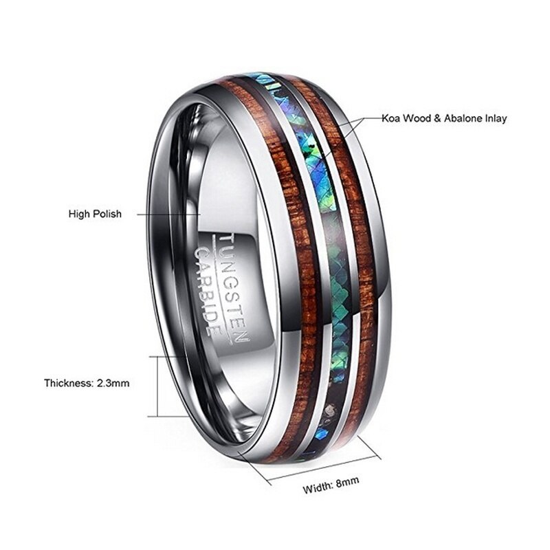 FDLK 8mm hawaïen Koa bois et coquille d'ormeau en acier inoxydable anneaux bandes de mariage pour hommes bijoux