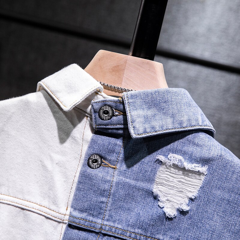 Chaquetas vaqueras de algodón para hombre, estilo Hip Hop, ajustadas, Azul, Blanco, de retazos, color sólido, informal, para motociclismo, de talla grande 5XL
