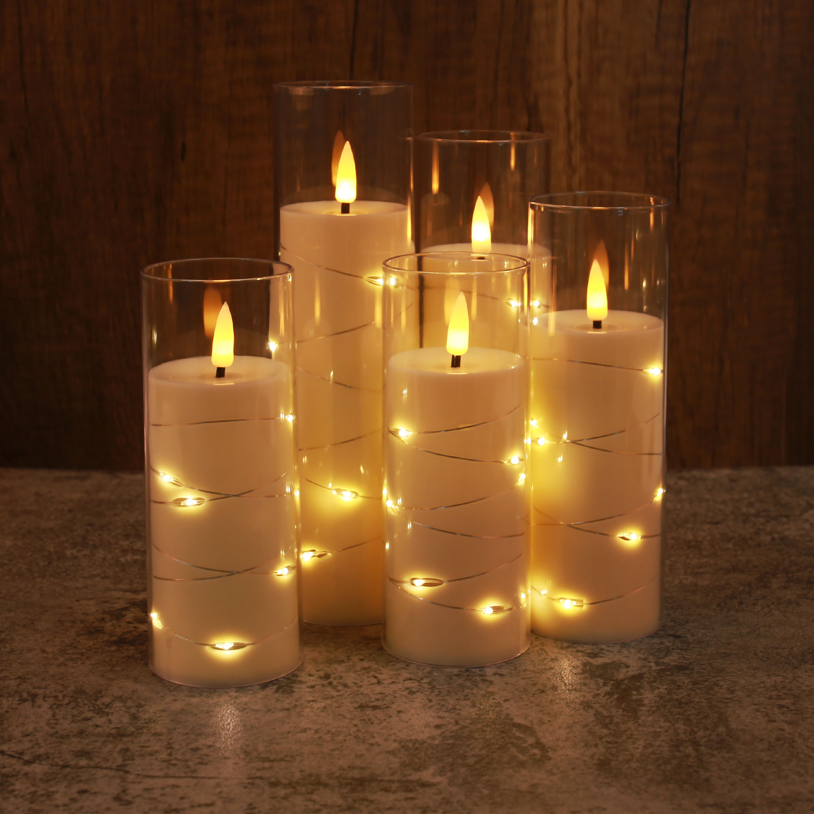 Ensemble de 5 bougies LED sans flamme avec guirlande lumineuse étoile intégrée, bougies pilier à piles avec minuterie à distance pour la décoration de la maison
