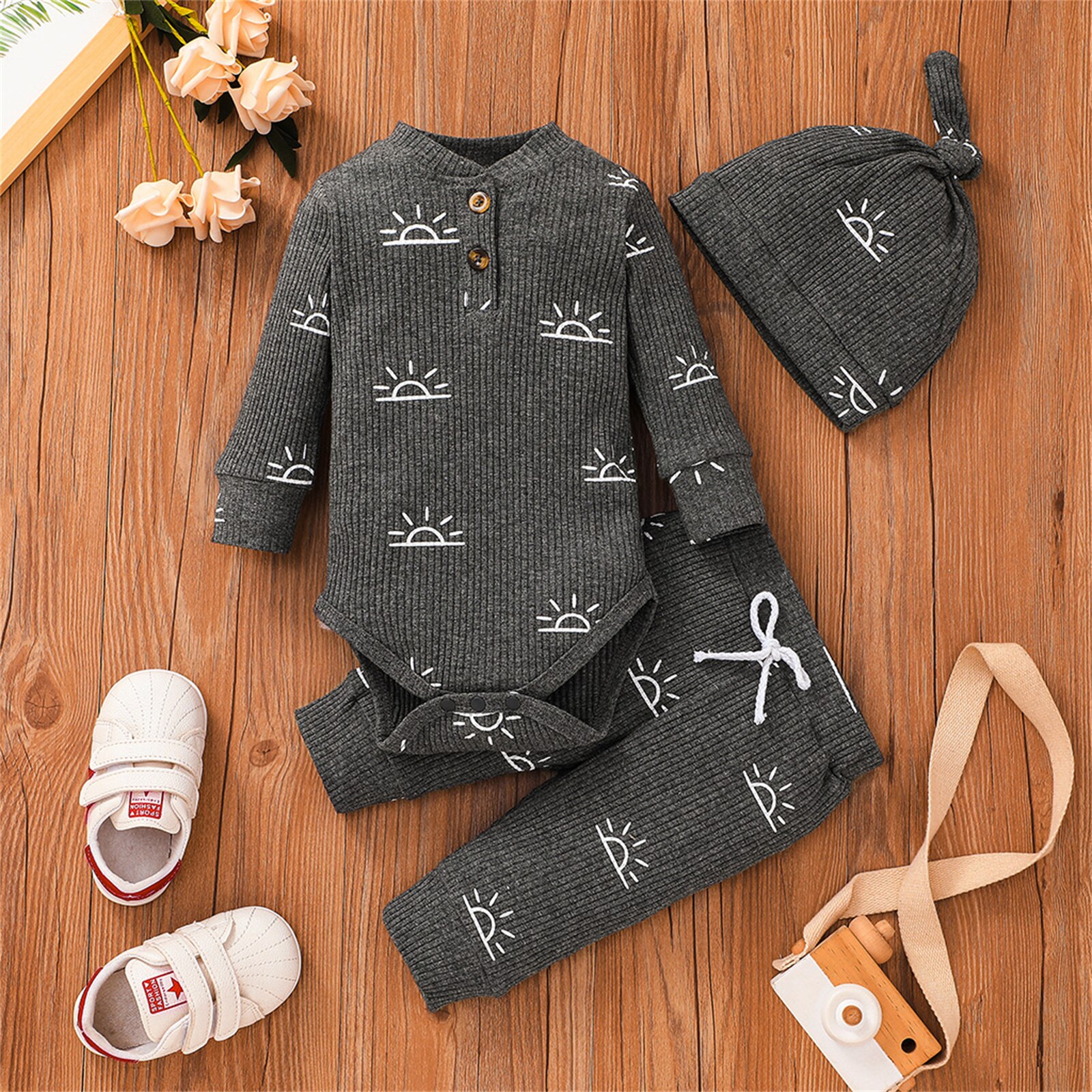 PatPat 3-piece Baby Boy Sun Print Button Ribbed Long-sleeve Romper, Elasticized Pants and Cap Set: Grey / 3-6 Months