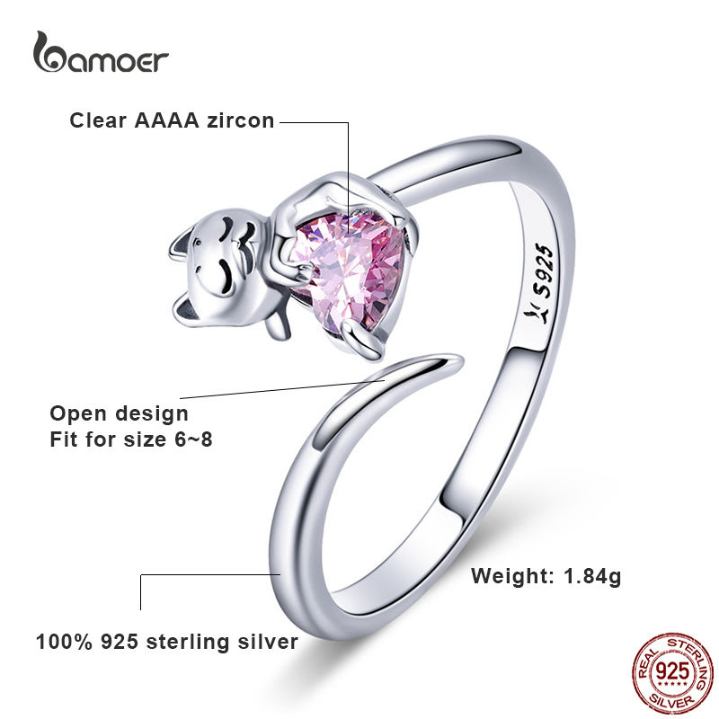 Bamoer anello in argento rosa gatto carino per ragazza Clear CZ anello in argento Sterling 925 a forma di cuore regalo squisito per gioielli da festa regolabile