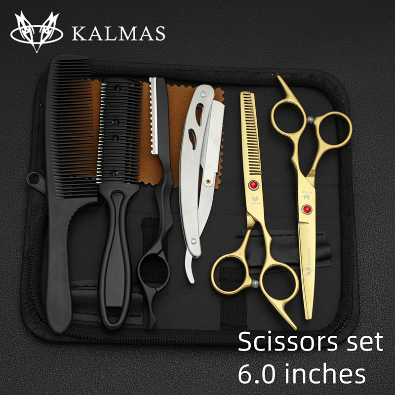 Kalmas kappersschaar set 6.0, kappersschaar set voor het knippen en uitdunnen van haar, salongereedschap: Zilver