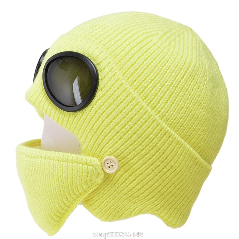 2 In 1 Ribbed Knit Beanie Hat Mouth Mask Set Warm Windproof Snow Cuffed Earflap Cap with Glasses Goggles N03 20: Yellow