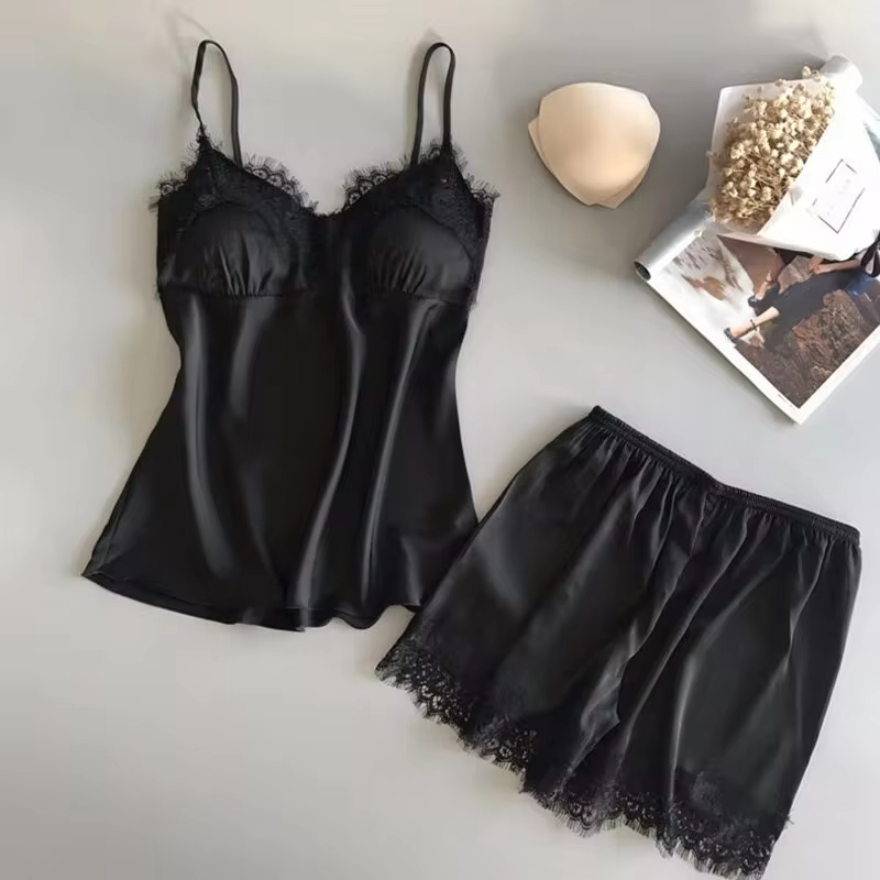 Traje de pijama para mujer, picardías de satén elástico con cuello en V, lencería Sexy de encaje, pijamas con lazo, pantalones cortos para dormir, conjunto de ropa de dormir nueva